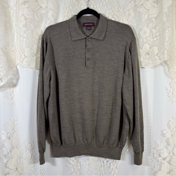 Nordstrom Extrafine Merino Wool Polo Sweater Brown Quiet Luxury Size Large - Picture 2 of 8